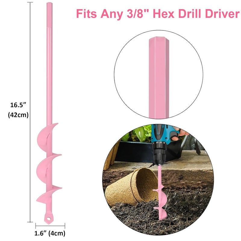 Genubi Industry Auger Drill Bit for Planting 1.6 x 16.5 Inch, Garden Spiral Bit for 3/8" Hex Drive Drill, Earth Post Hole Digger Bulb Planter Auger for Planting Bedding Rapid Digging, Pretty Pink - Image 2